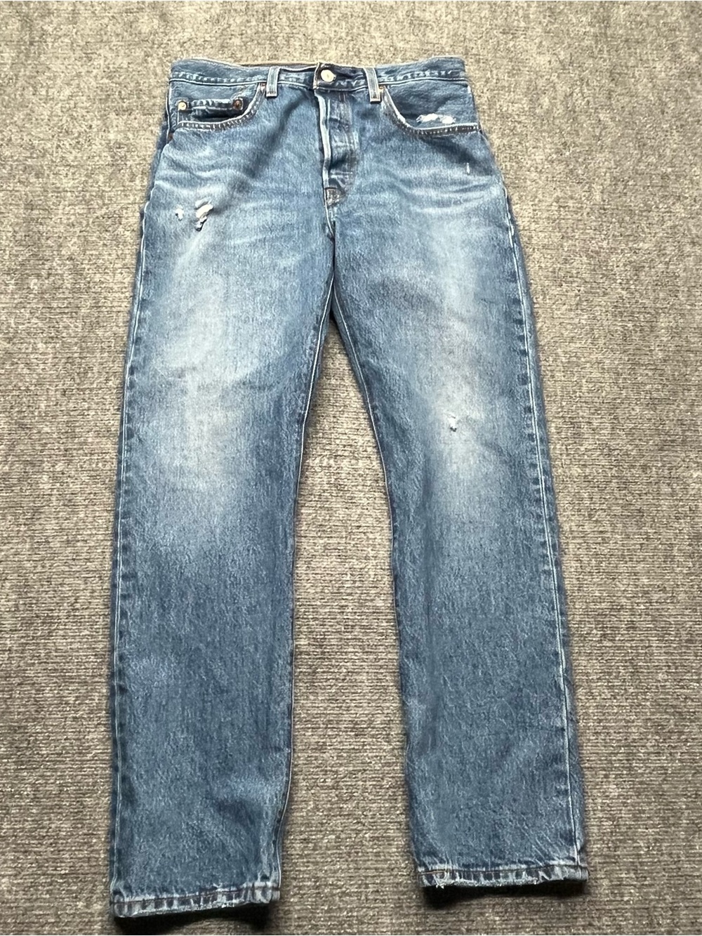 Levis Premium 501 Jeans Womens 30x30 Blue Straight Button Fly Big E Distressed